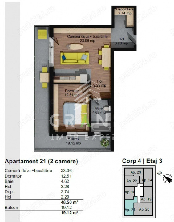 Apartament de vanzare 2 camere + balcon 19 mp-panoramă S – PARCARE SI CF INCLUS