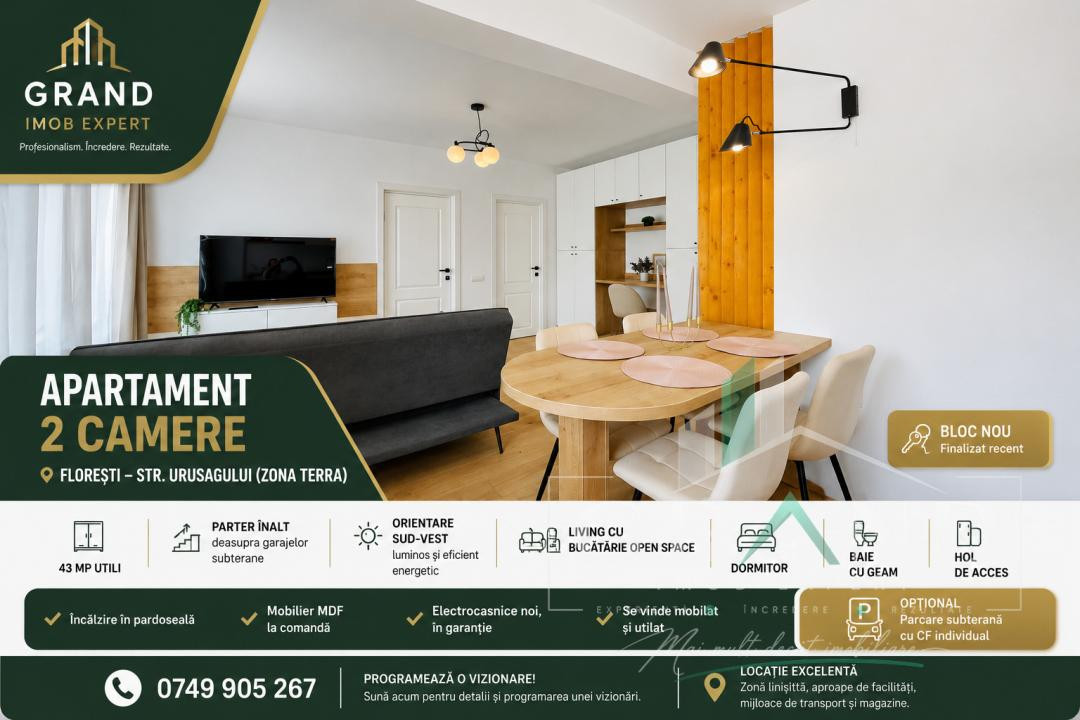 Eleganta si Rafinament | Apartament NOU | 2 Camere | 43 MP | Floresti/Urusagului
