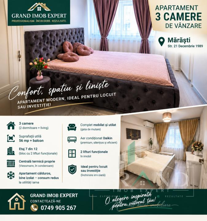 Apartament Modern | 3 Camere | 2 Dormitoare | Balcon | Marasti