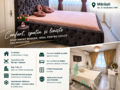 Apartament Modern | 3 Camere | 2 Dormitoare | Balcon | Marasti