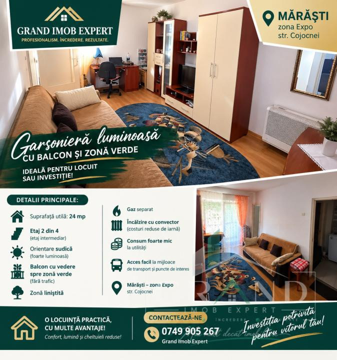 Garsoniera de Vanzare | 24 MP | Etaj 2 | Orientare Sudica | Marasti