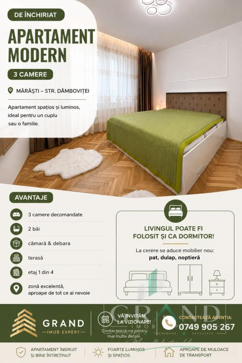 Apartament 3 Camere Decomandate | 2 Bai | Debara | Terasa | Marasti/Dambovitei